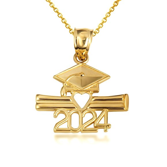 10K Solid Gold Class of 2024 Graduation Diploma and Cap Pendant Necklace